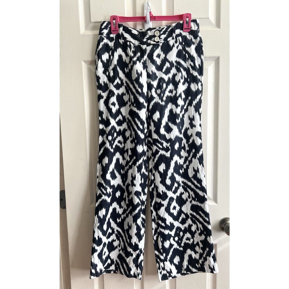 ANN TAYLOR LOFT 100% Linen Black White Ikat Wide-Leg Pants Sz 0 Beach Travel